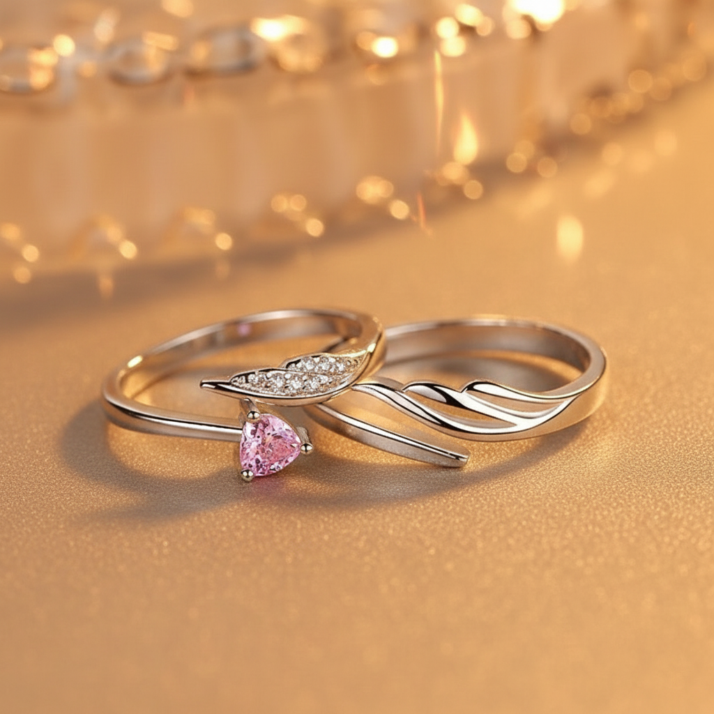 Jazz And Sizzle Set of 2 Silver Plated Pink Heart AD Studded Adjustable Couple Ring for Valentines Gift