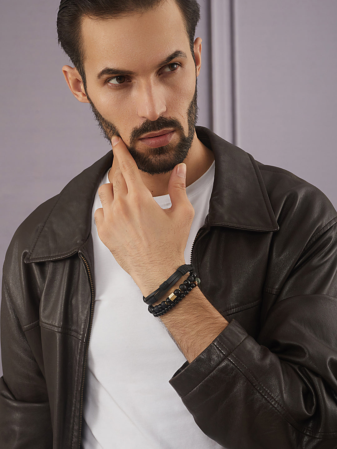 Jazz And Sizzle Men Set of 3 Black Beaded Elasticated & Leather Wraparound Bracelet