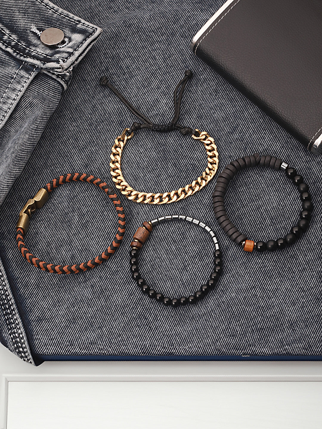 Jazz And Sizzle Men Set of 4 Black Beaded Elasticated & Brown Leather Bracelet with Chain Bracelet