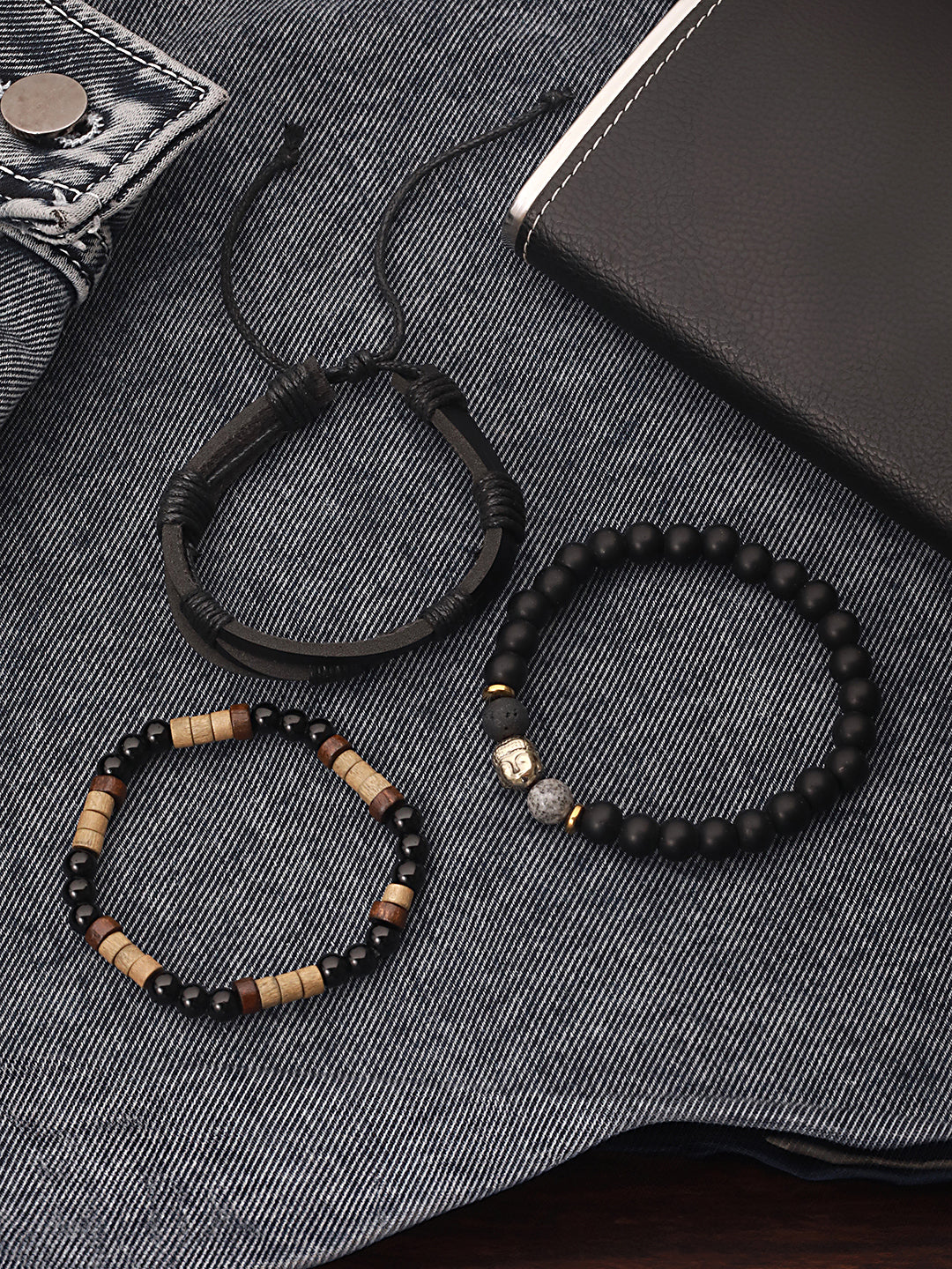 Jazz And Sizzle Men Set of 3 Black Beaded Elasticated & Leather Wraparound Bracelet