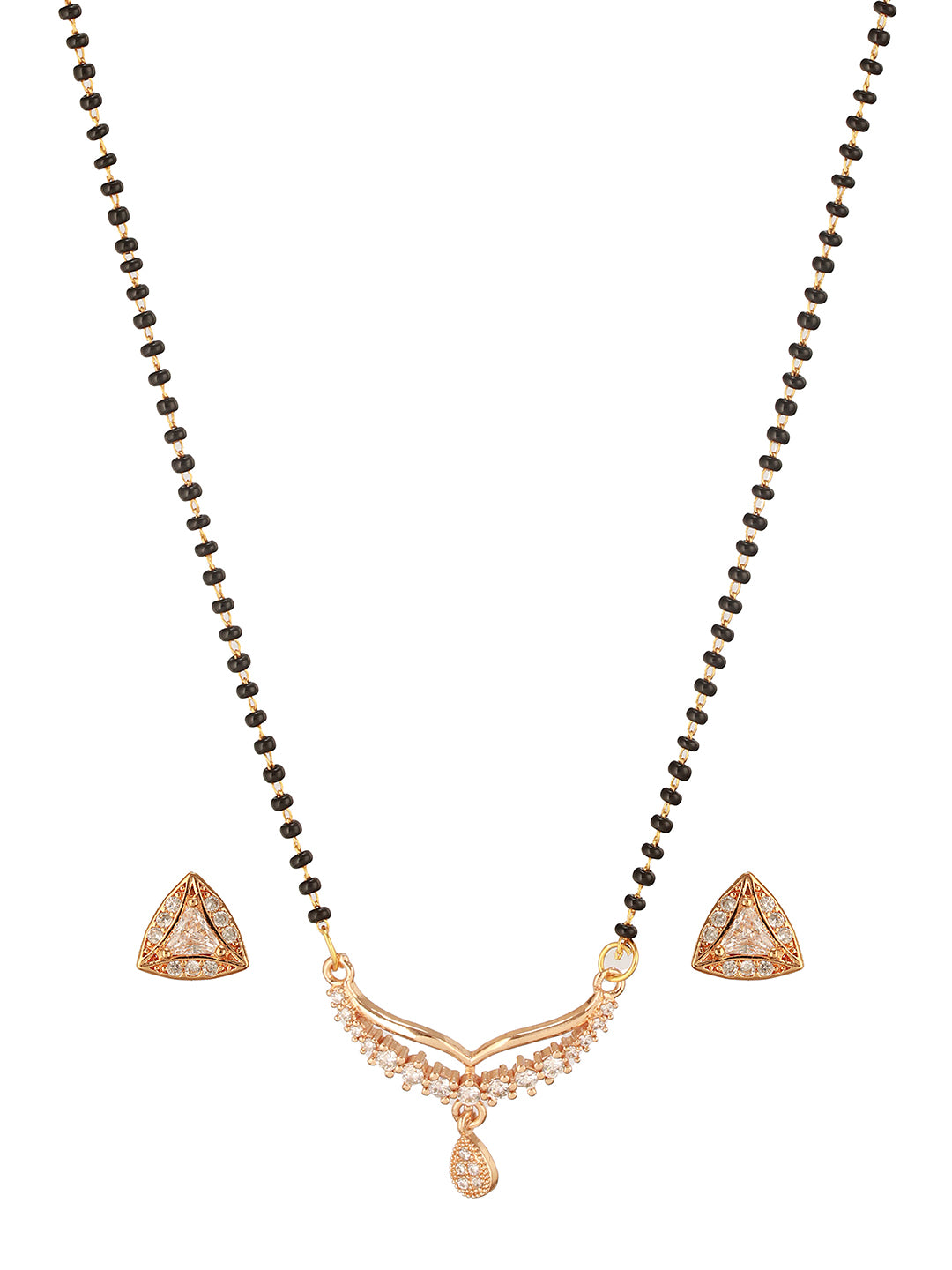 Jazz And Sizzle Rose Gold Plated Black Beads Beaded Floral Shaped Mangalsutra with Earrings