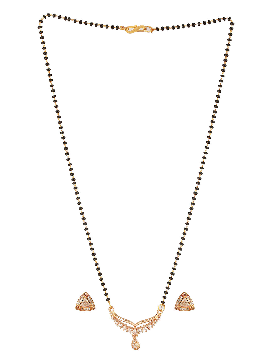 Jazz And Sizzle Rose Gold Plated Black Beads Beaded Floral Shaped Mangalsutra with Earrings