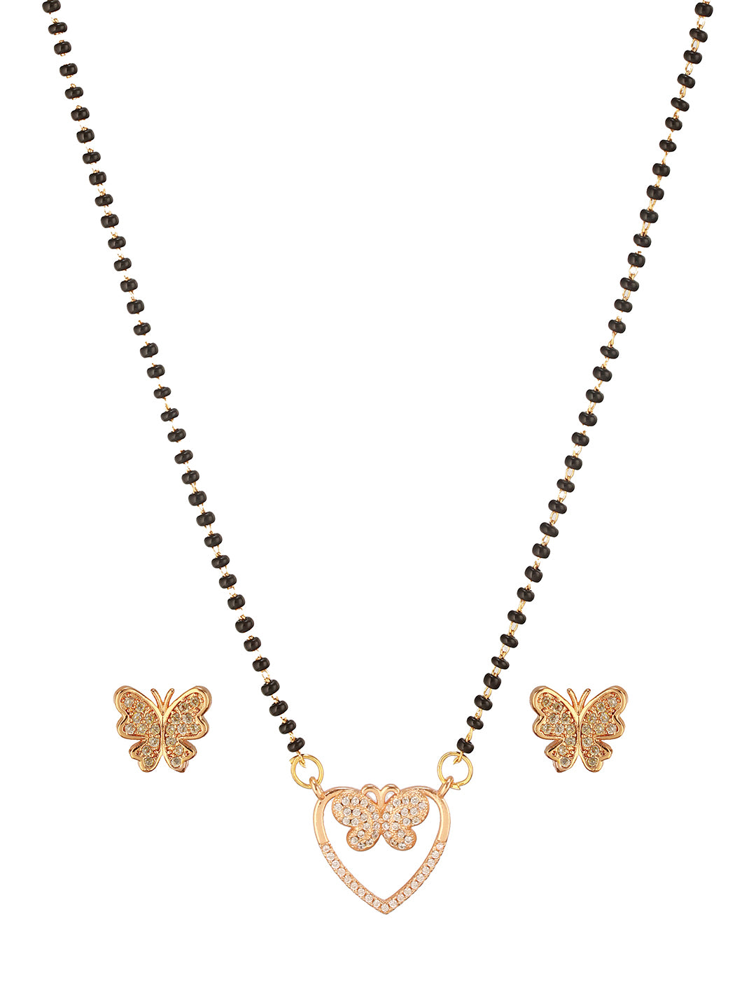 18K Rose Gold-Plated Cubic Zirconia Studded Butterfly Mangalsutra Set with Black Beads & Earrings