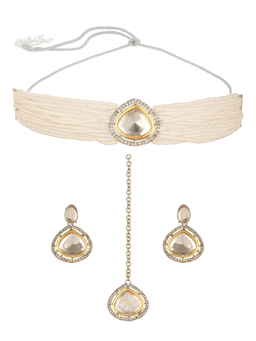 Gold-PlatedAustrian Diamond Studded & Beaded Jewellery Set with Maangtikka