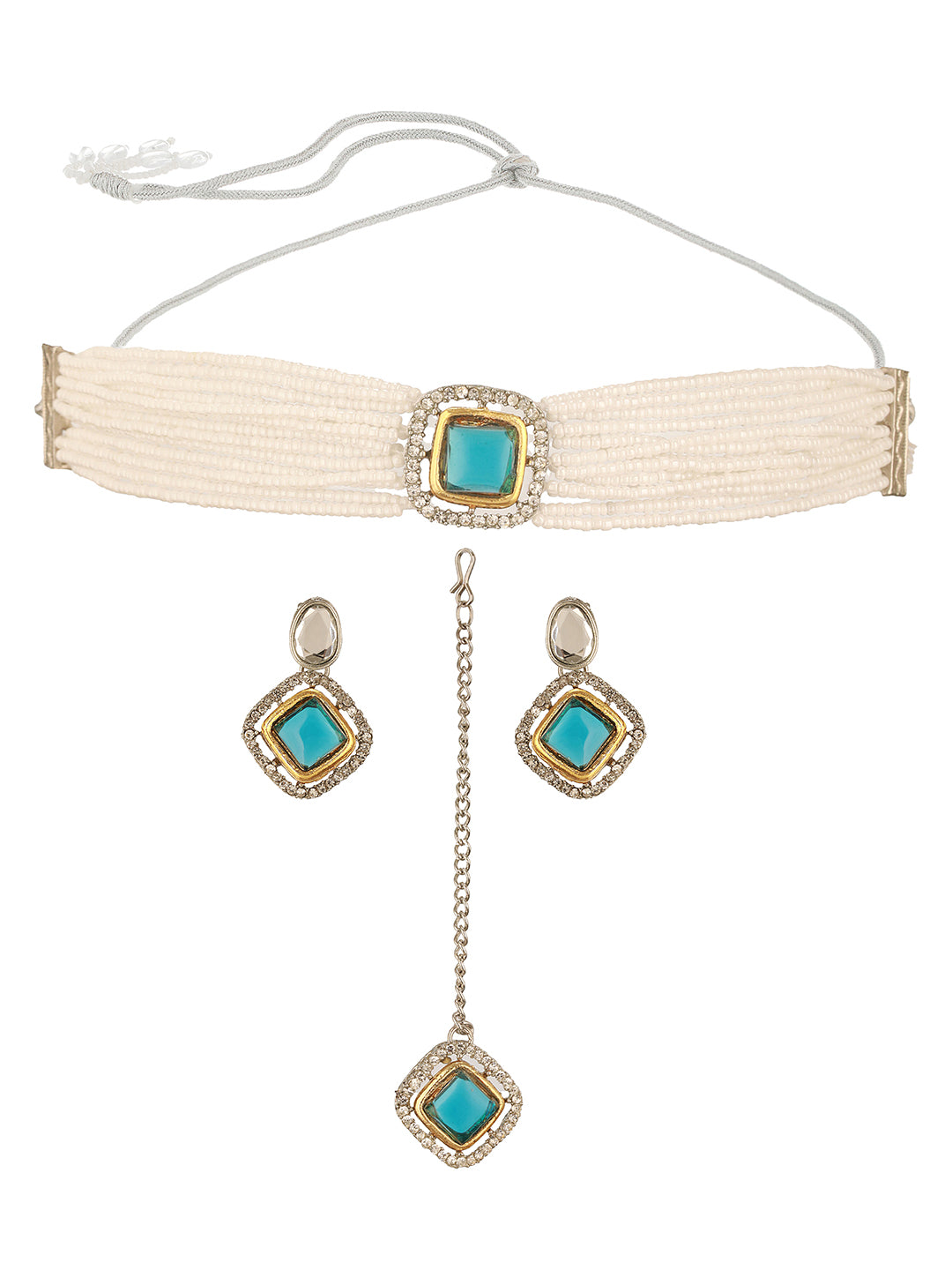Gold-Plated Aqua Blue Austrian Diamond Studded & Beaded Jewellery Set with Maangtikka