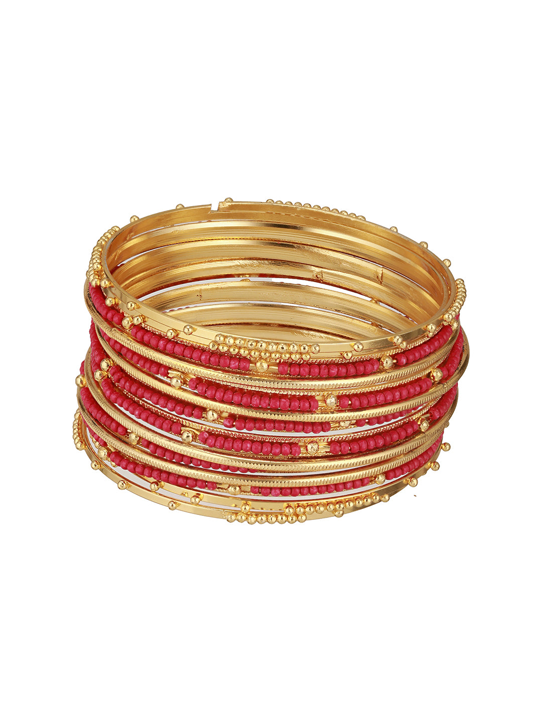 Jazz And Sizzle Set Of 12 Gold-Plated Artificial Stone-Studded & Beaded Hot Pink Bangles