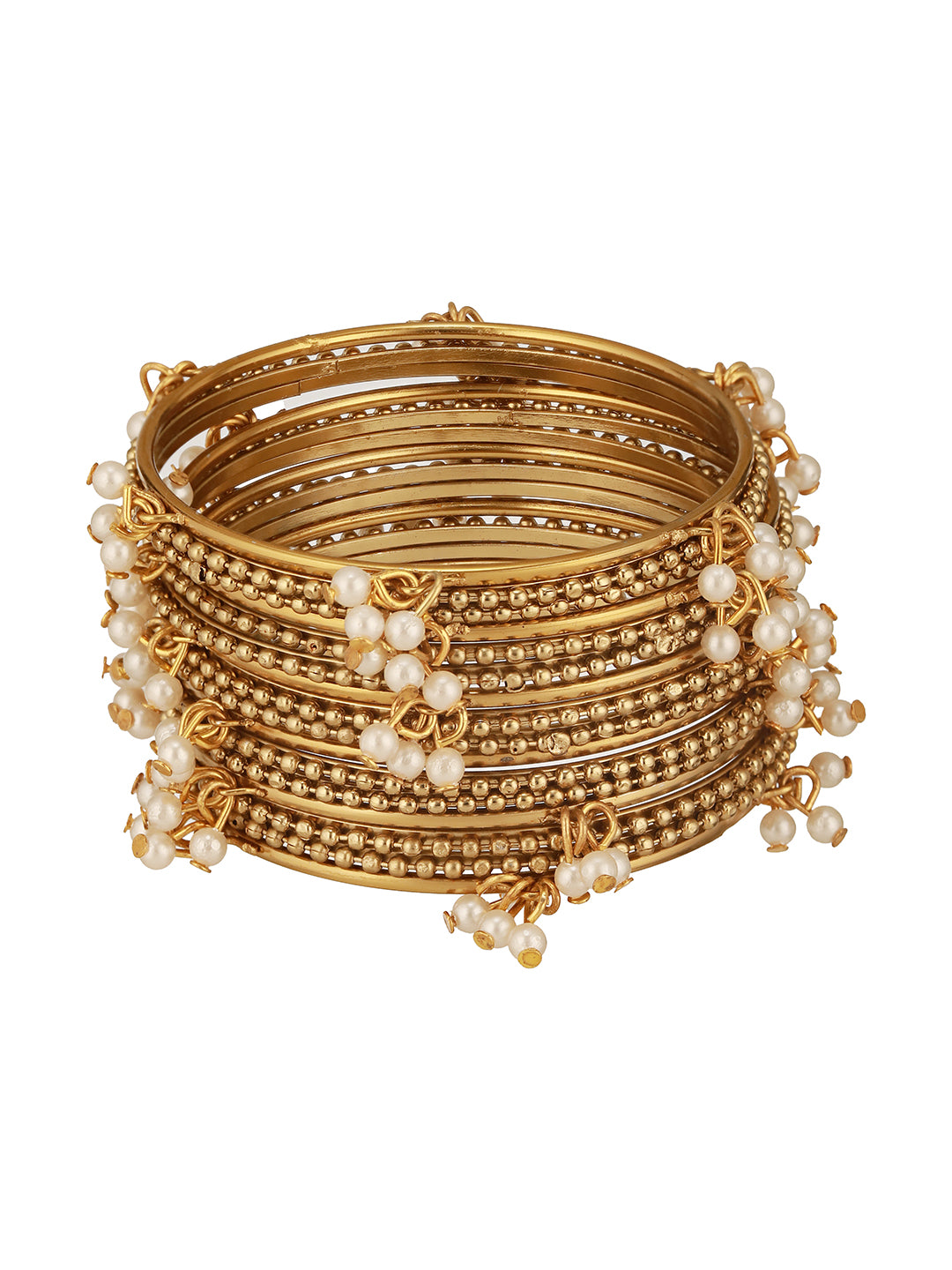 Set Of 12 Gold-Plated & Mogra Pearl Beaded Bangles