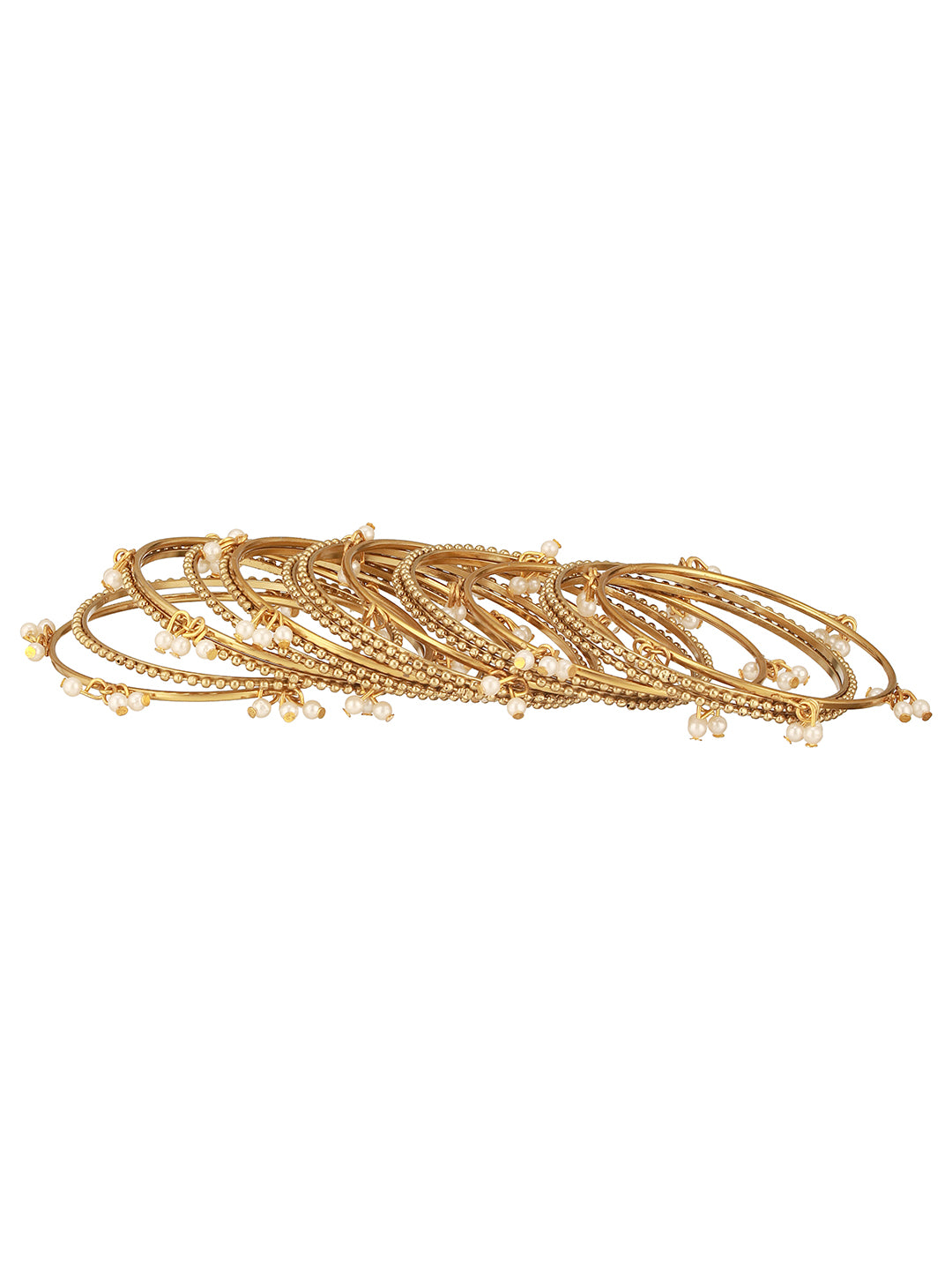 Set Of 12 Gold-Plated & Mogra Pearl Beaded Bangles