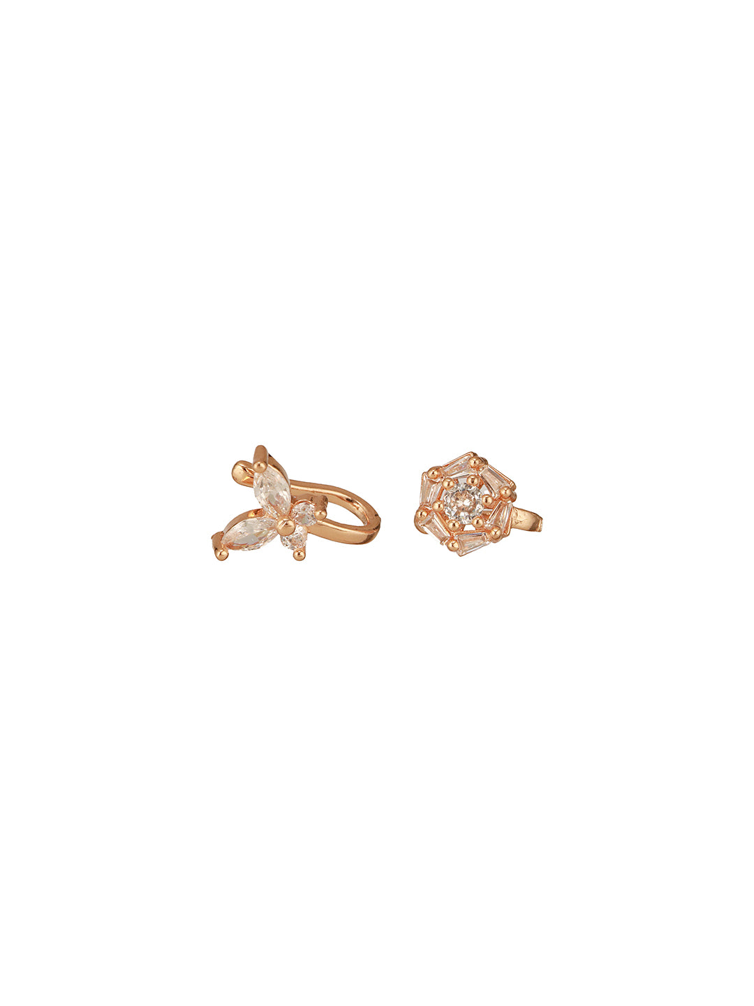 Jazz And Sizzle Set Of 2 Rose Gold Plated & American Diamond Stone Studded Nose Ring (No need of Piercing)