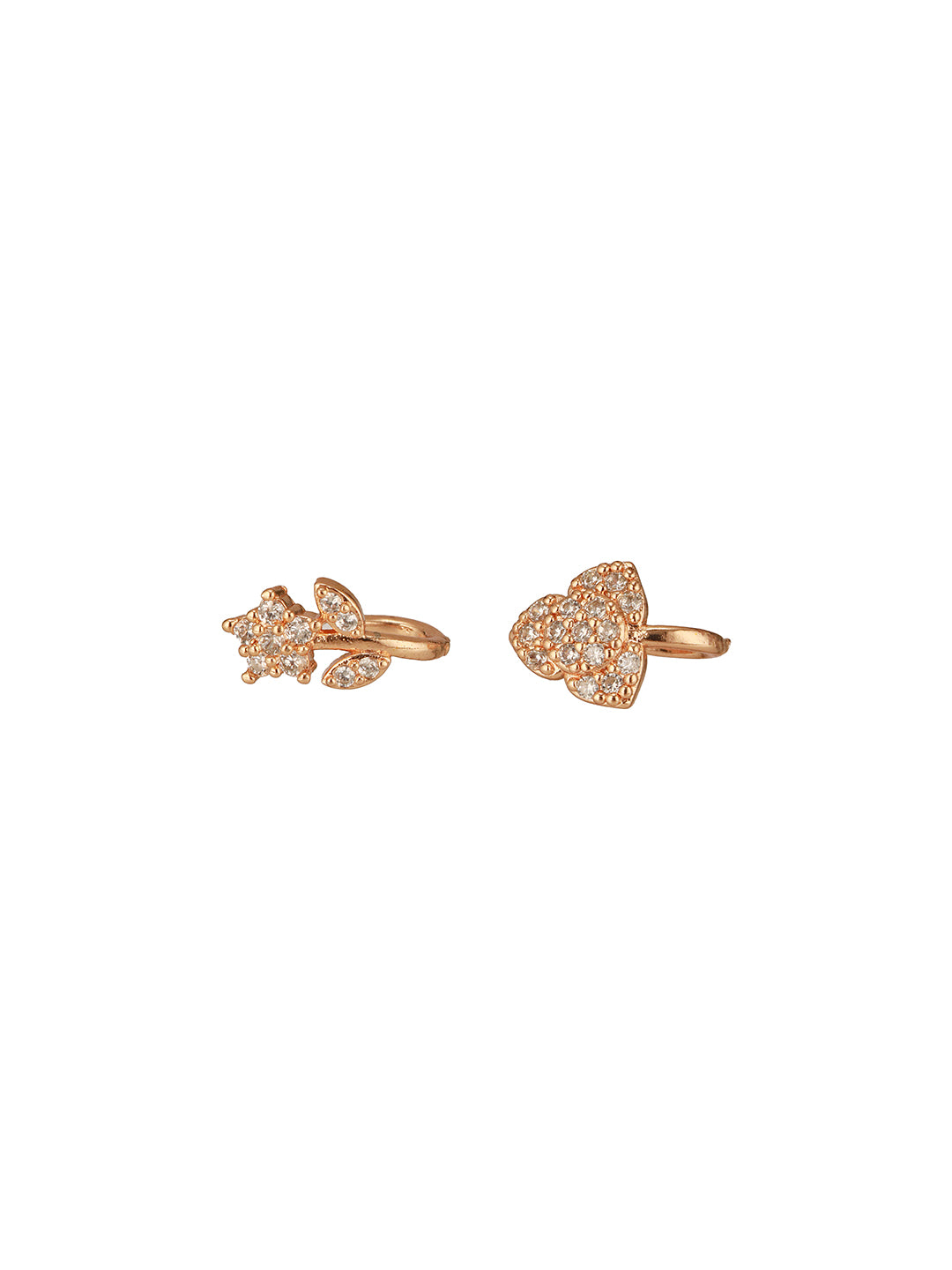 Jazz And Sizzle Set Of 2 Rose Gold Plated & American Diamond Stone Studded Floral Nose Ring (No need of Piercing)