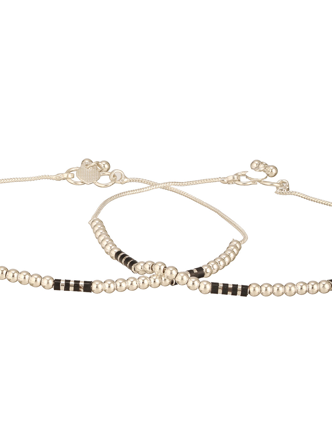 Jazz And Sizzle Set Of 2 Silver-Plated & Black Beads Beaded Anklet