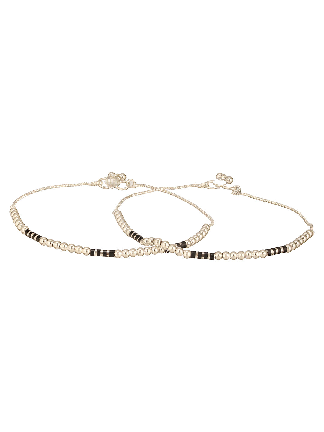 Jazz And Sizzle Set Of 2 Silver-Plated & Black Beads Beaded Anklet