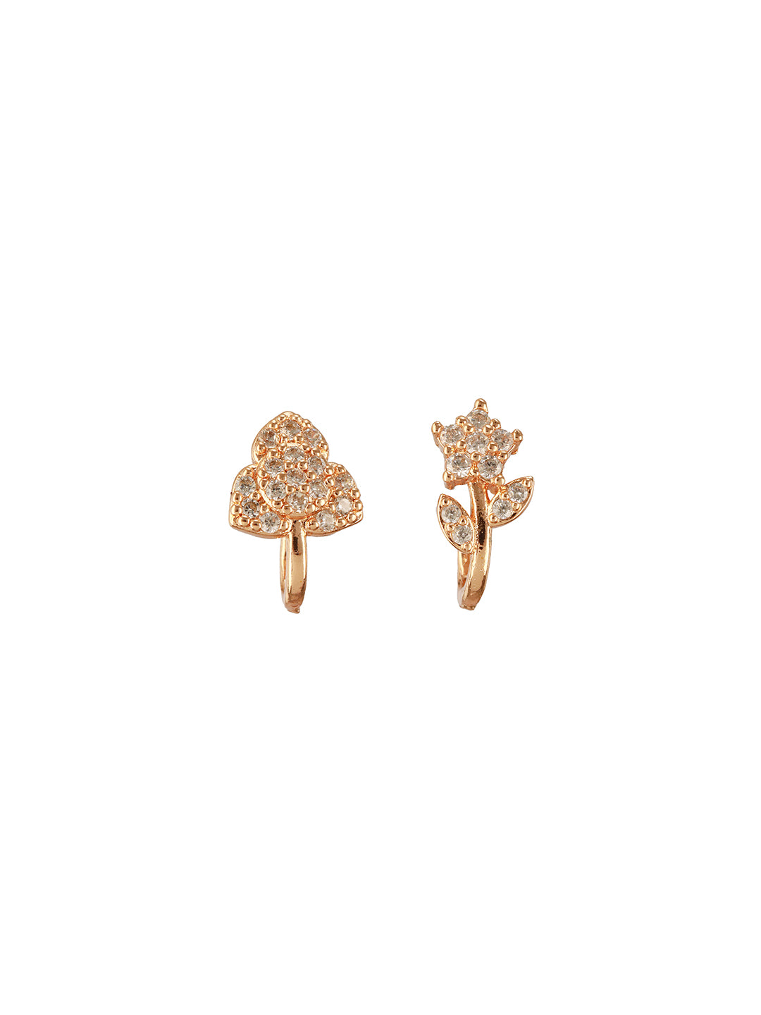Jazz And Sizzle Set Of 2 Rose Gold Plated & American Diamond Stone Studded Floral Nose Ring (No need of Piercing)