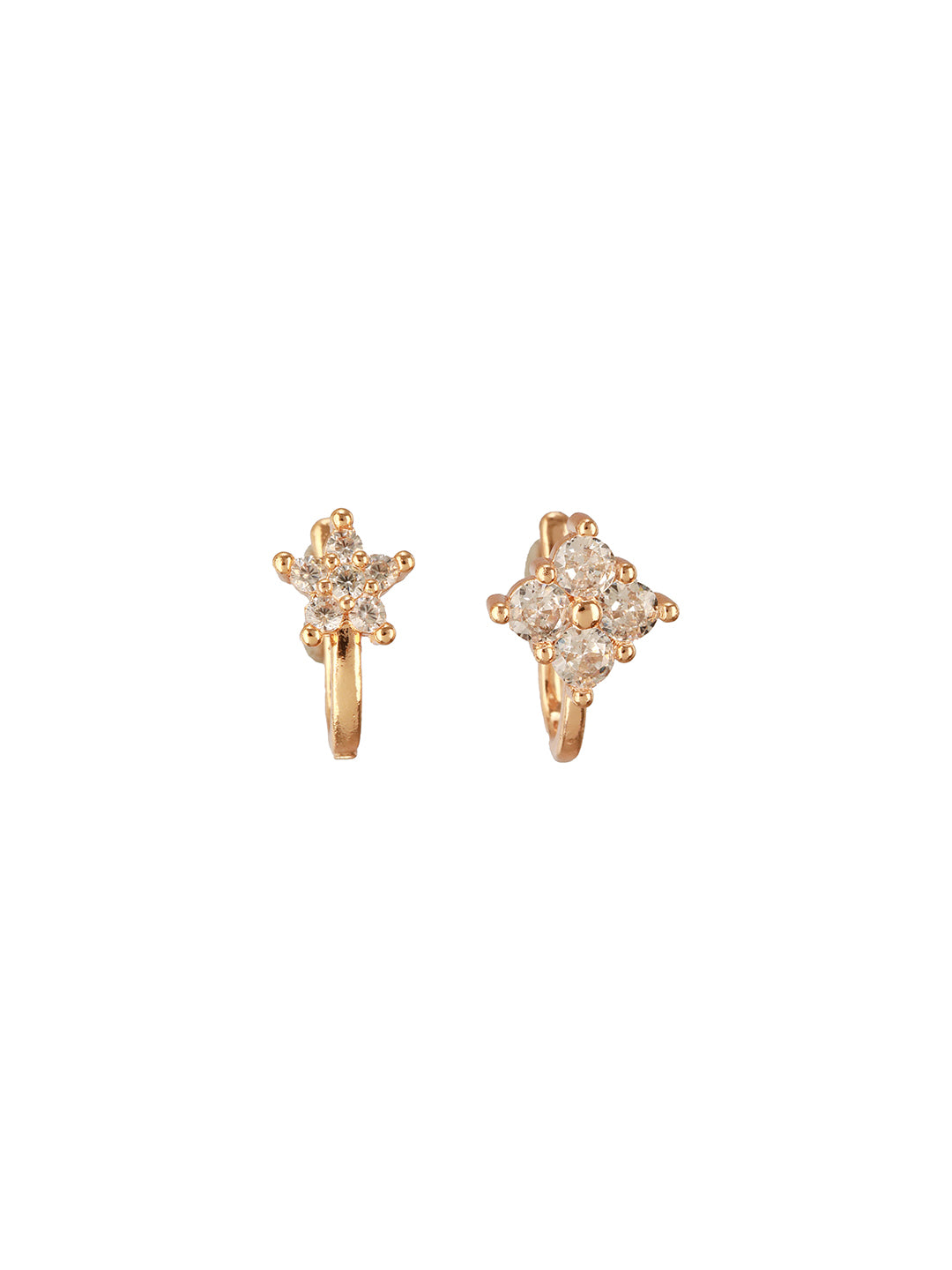 Jazz And Sizzle Set Of 2 Rose Gold Plated & American Diamond Stone Studded Star Shaped Nose Ring (No need of Piercing)