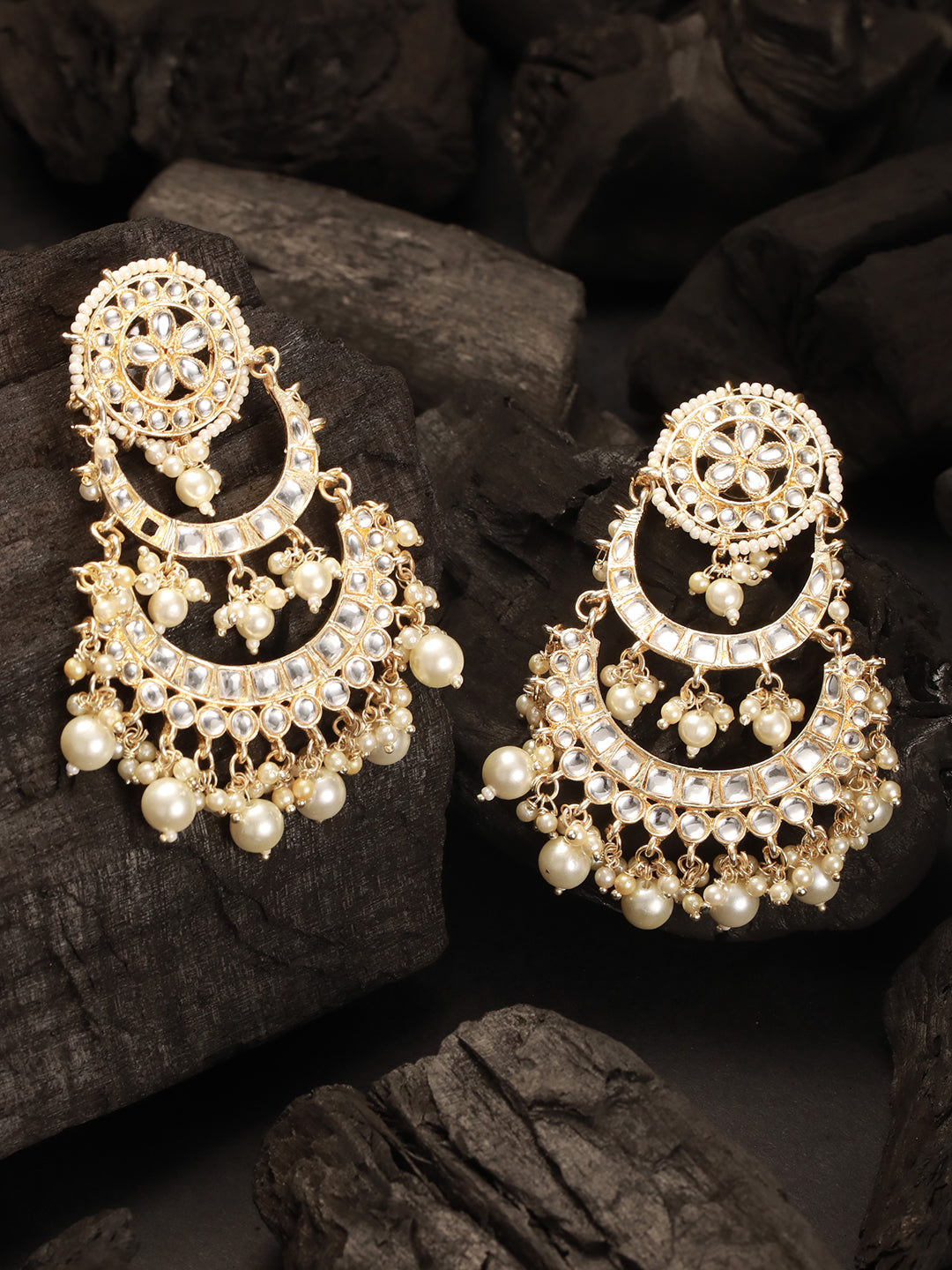 Gold-Plated Kundan Studded & Beaded Crescent Shaped Chandbalis Earrings