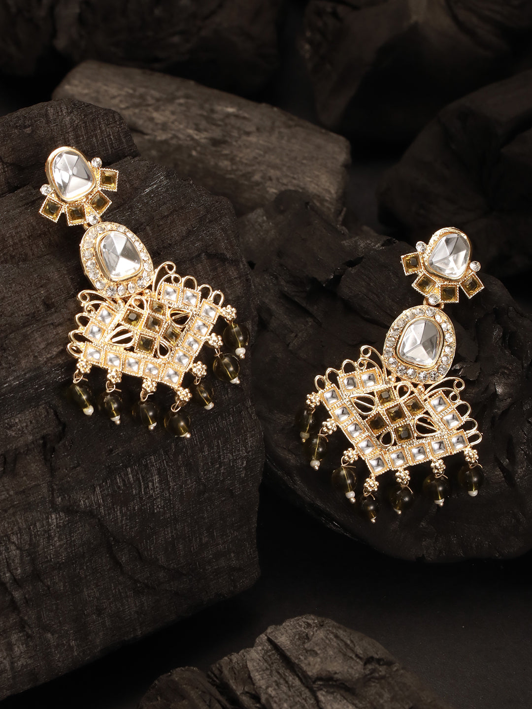 Mehandani Gold-Plated Kundan & Beads Studded Dome-Shaped Drop Earrings