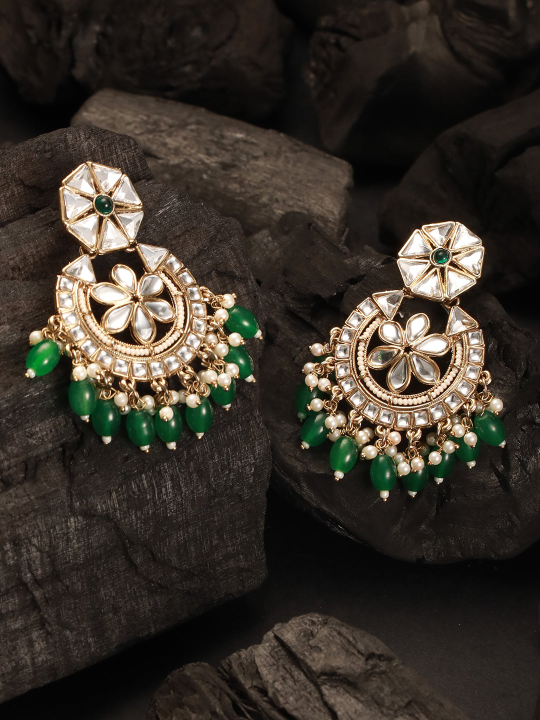 Gold Plated & Beaded Kundan Chandbalis Earrings