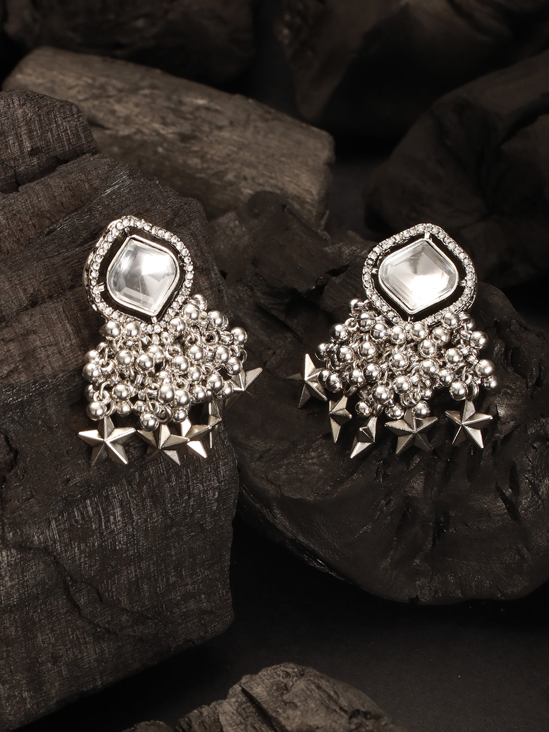 Silver Plated Austrian Diamond Studded &Beaded Drop Eaarings