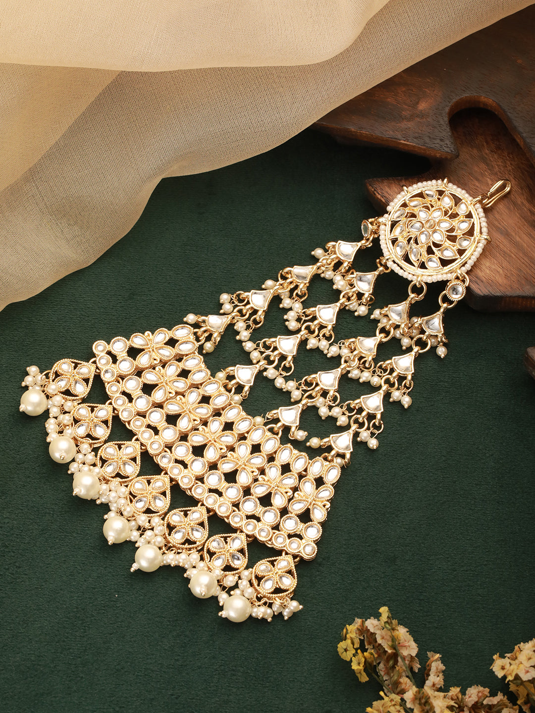 Gold-Plated Kundan Studded & Pearl Beaded Dome Shaped Jhumar Passa