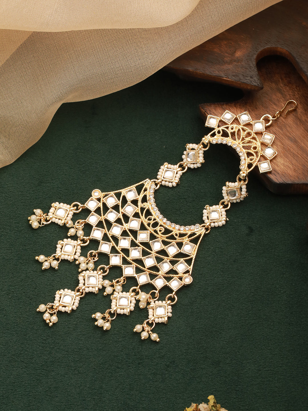Gold-Plated Kundan Studded & Beaded Crescent Shaped Chandbalis Style Jhumar Passa