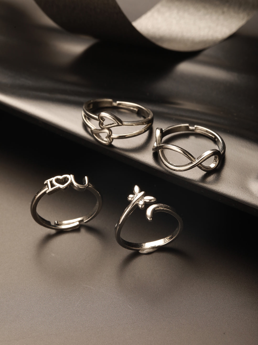 Jazz and Sizzle Set Of 4 Silver Plated Adjustable Finger Ring