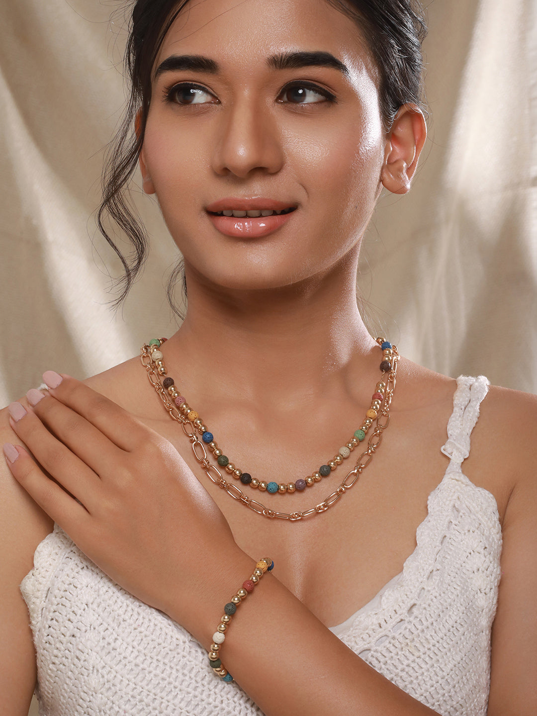 Jazz And Sizzle Set Of 2 Gold-Plated multi-colored beaded Necklace Chain & Bracelet