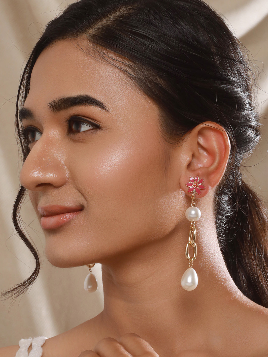 Jazz And Sizzle Pink Floral Pearl Beaded Drop Earrings