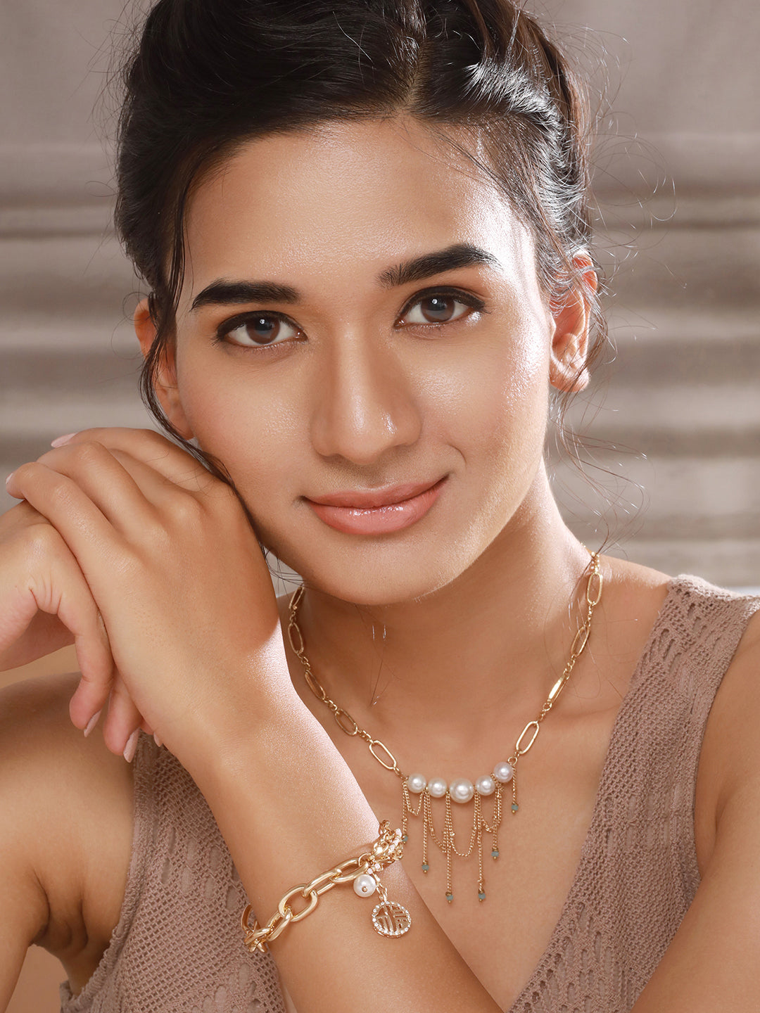 Jazz And Sizzle Set of 2 Gold-Plated Pearls & Charm Beaded Necklace Chain & Bracelet