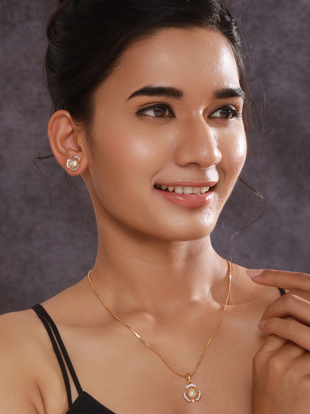 Jazz and Sizzle Gold-Plated AD Studded Pendant with Earrings and Chain