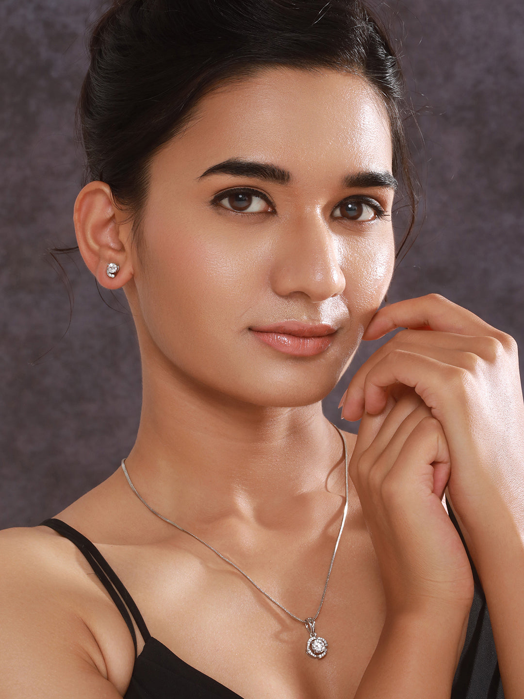 Jazz and Sizzle Rhodium-Plated AD Studded Pendant with Earrings and Chain