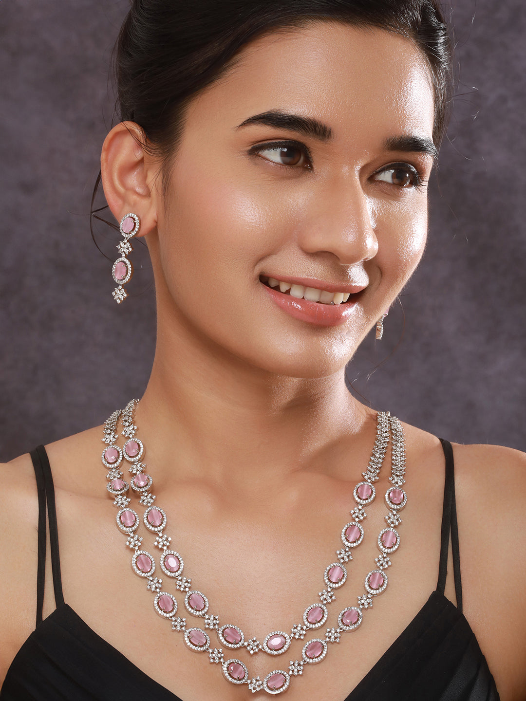 Jazz And Sizzle Rhodium-Plated PINK Ad-Studded Layered Jewellry Set