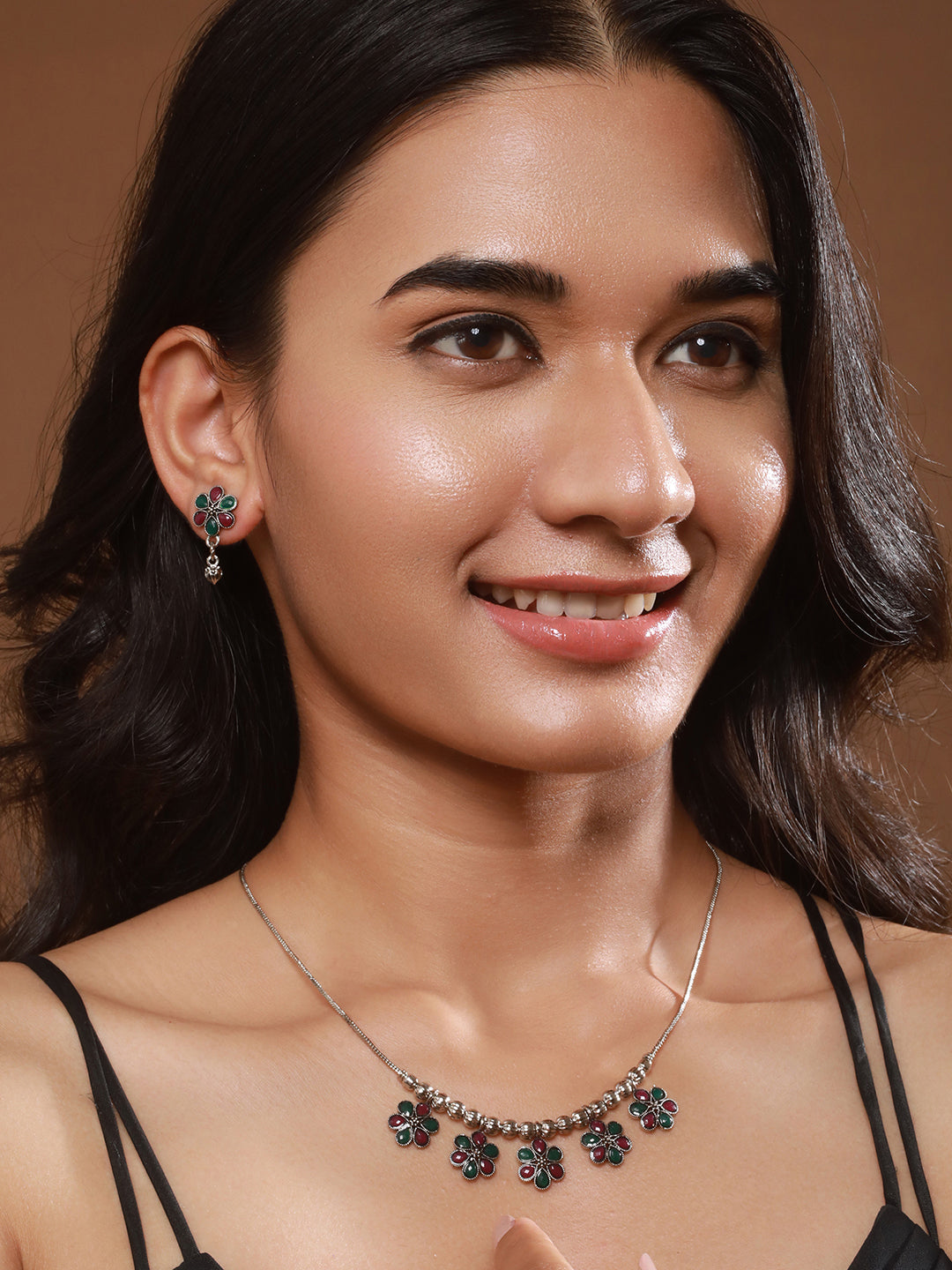Jazz and Sizzle Silver-Plated Oxidised Stone Studded Floral Necklace & Earrings