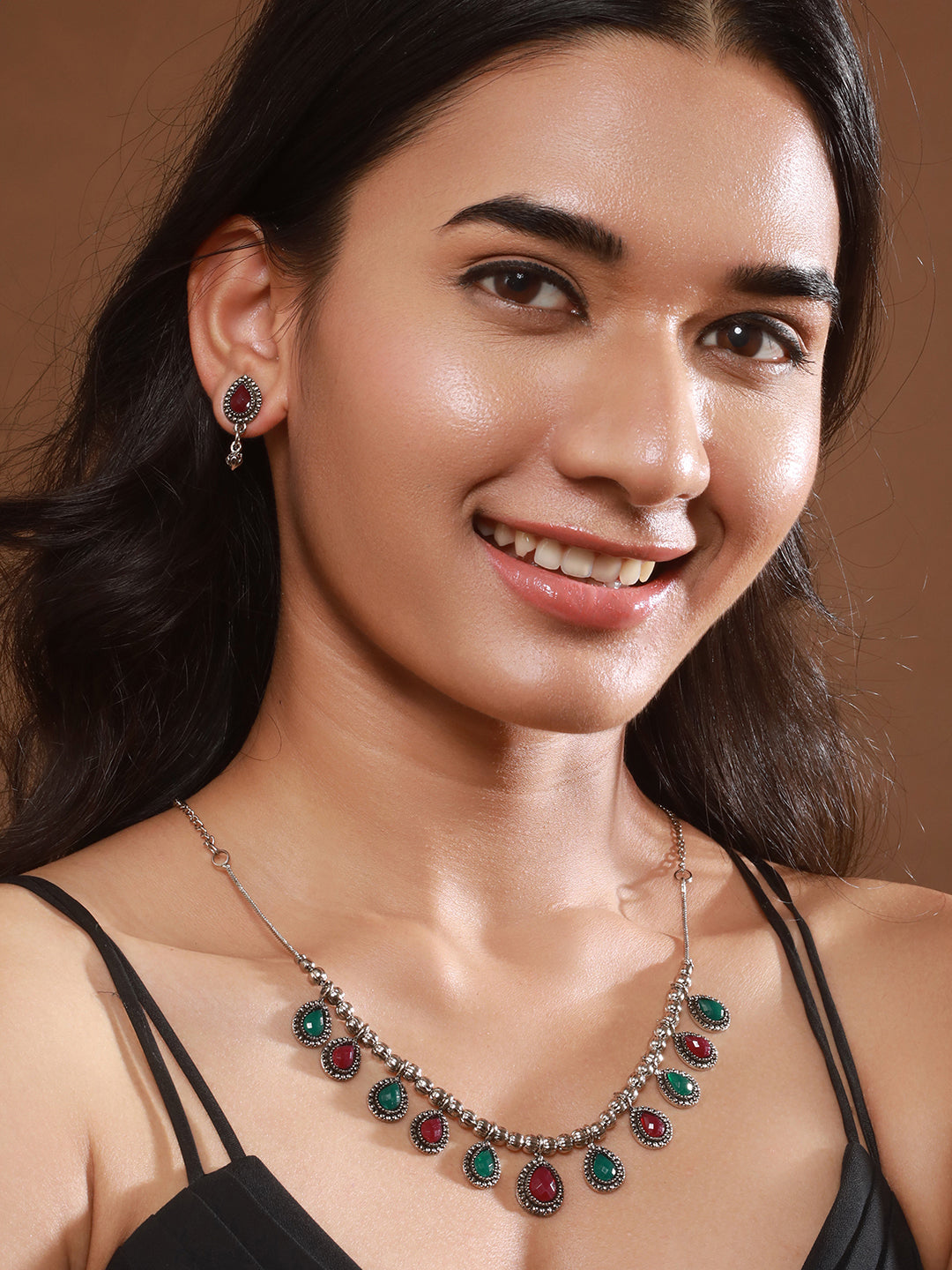Jazz and Sizzle Oxidized Silver-Plated Green & Red Artificial Stone-Studded Handcrafted Jewellery Set