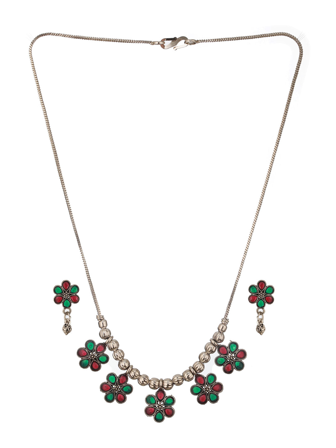 Jazz and Sizzle Silver-Plated Oxidised Stone Studded Floral Necklace & Earrings