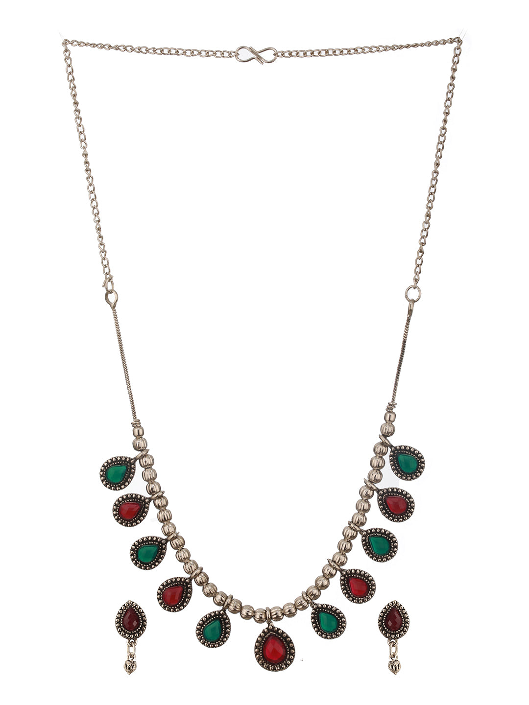 Jazz and Sizzle Oxidized Silver-Plated Green & Red Artificial Stone-Studded Handcrafted Jewellery Set