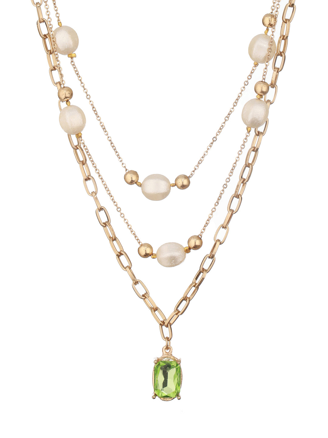 Gold-Plated Layered Pearl Chain Necklace with Green Stone Pendant