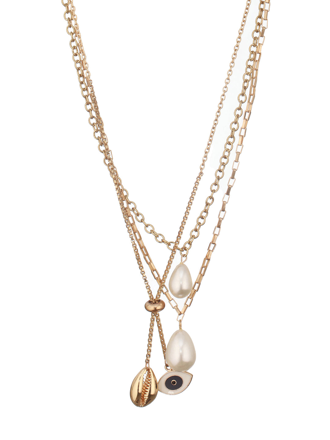 Gold-Plated Layered Pearl Chain Necklace with Evil Eye & Shell Charms