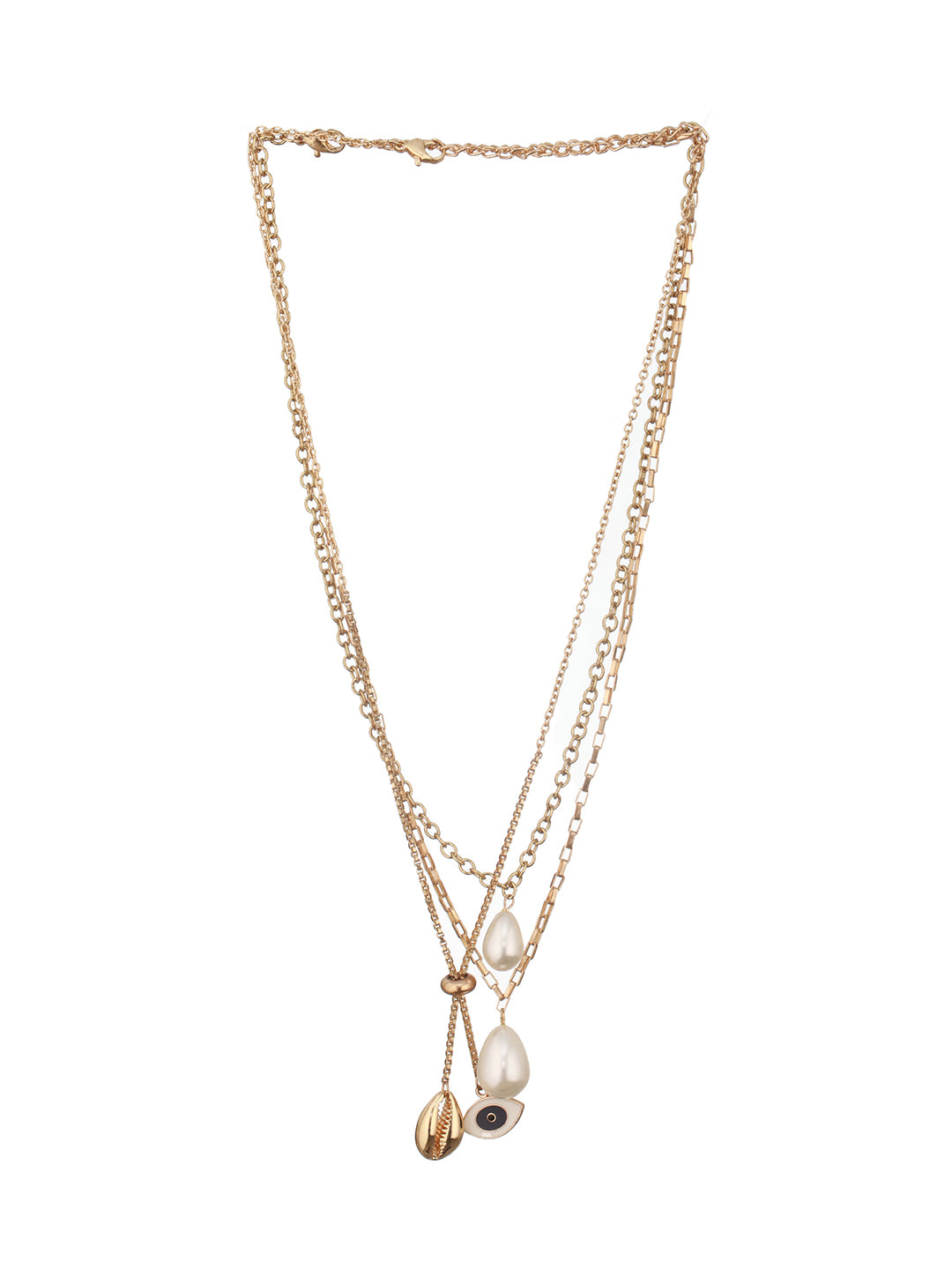 Gold-Plated Layered Pearl Chain Necklace with Evil Eye & Shell Charms
