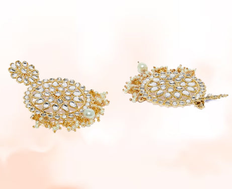 Gold Plated Kundan Studded & Pearl Beaded Earring with Manngtikka - Jazzandsizzle