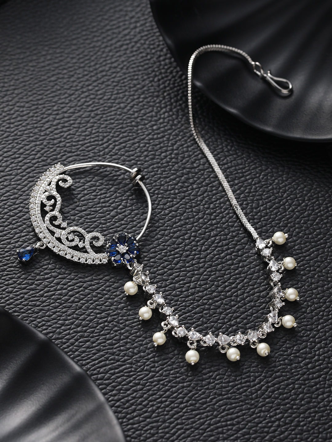 Silver Plated Blue Floral American Diamond Studded Handcrafted Nose Ring With Pearl Drop Chain - Jazzandsizzle