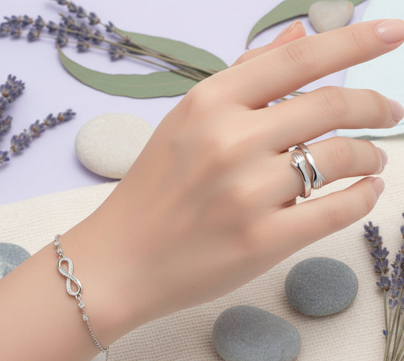 Silver Plated CZ Studded Infinity Adjustable Bracelet and Hug Ring Combo