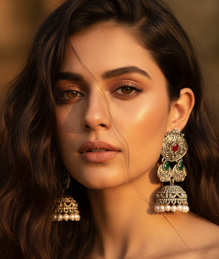 Silver-Toned Ruby & Green Oxidised Classic Drop Jhumka Earrings
