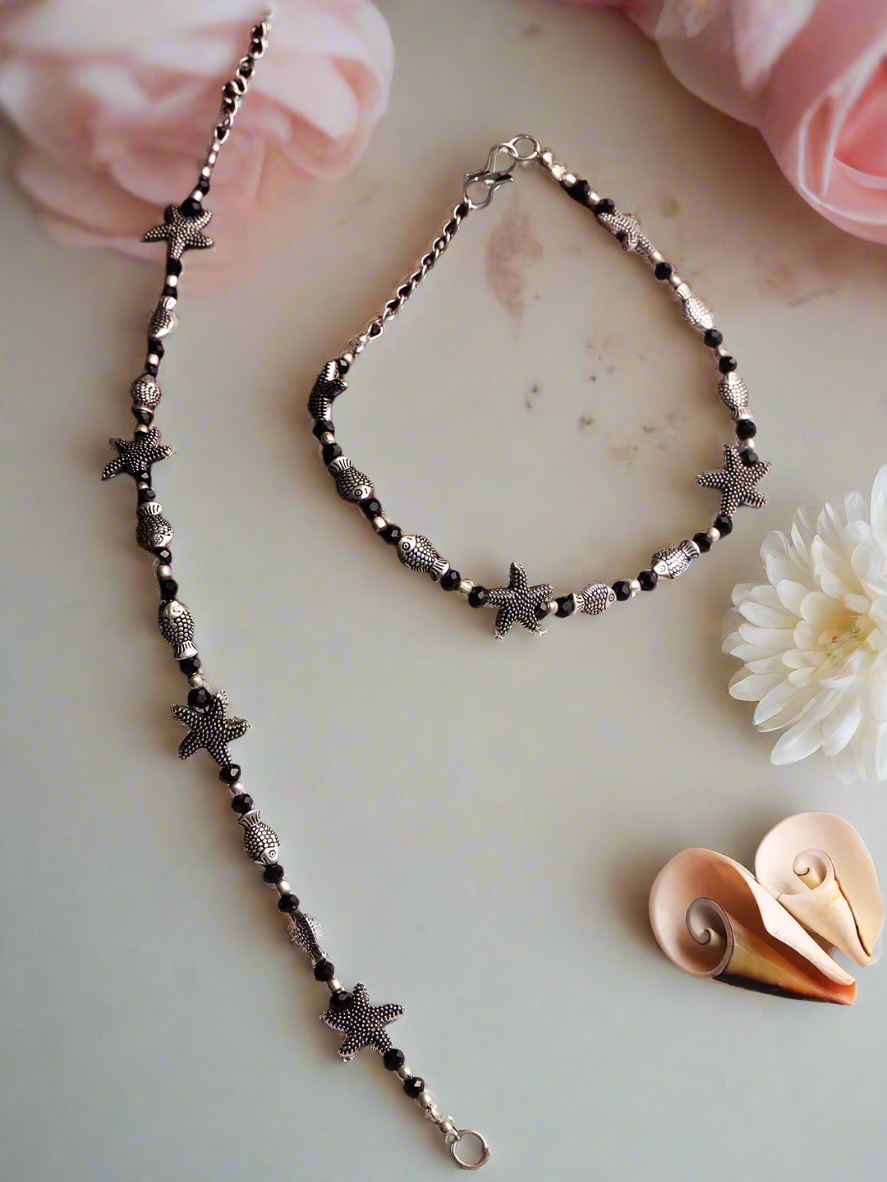 Silver-Plated & Black Beaded Handcrafted Starfish_Fish Anklet