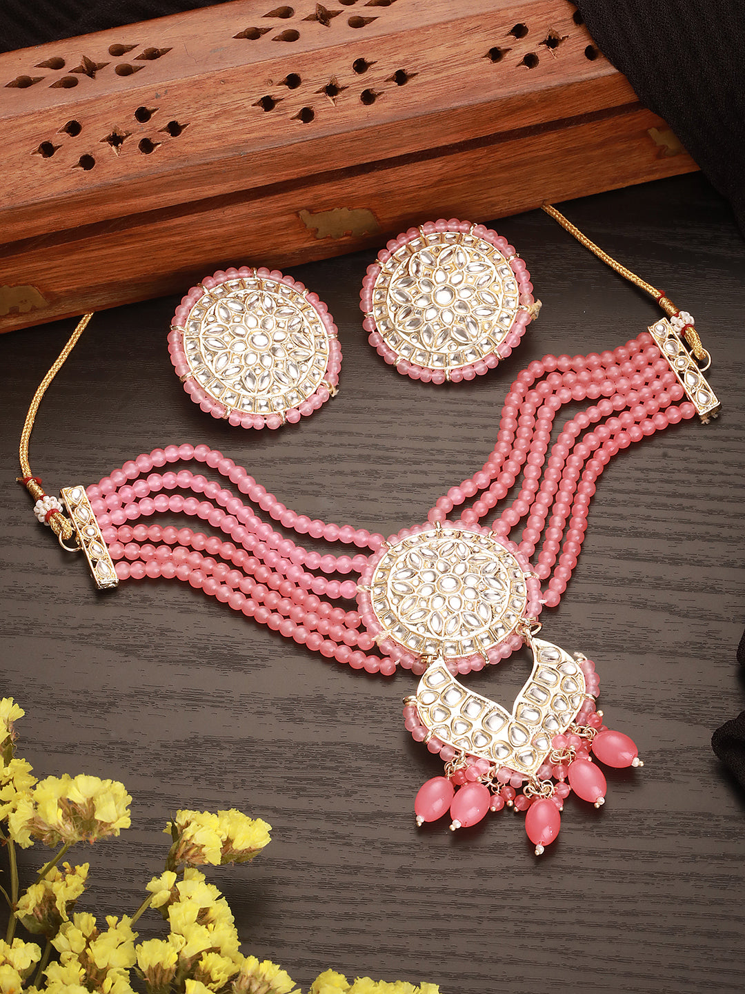 Jazz And Sizzle Gold-Plated Baby Pink Kundan-Studded & Beaded Necklace & Earrings Set
