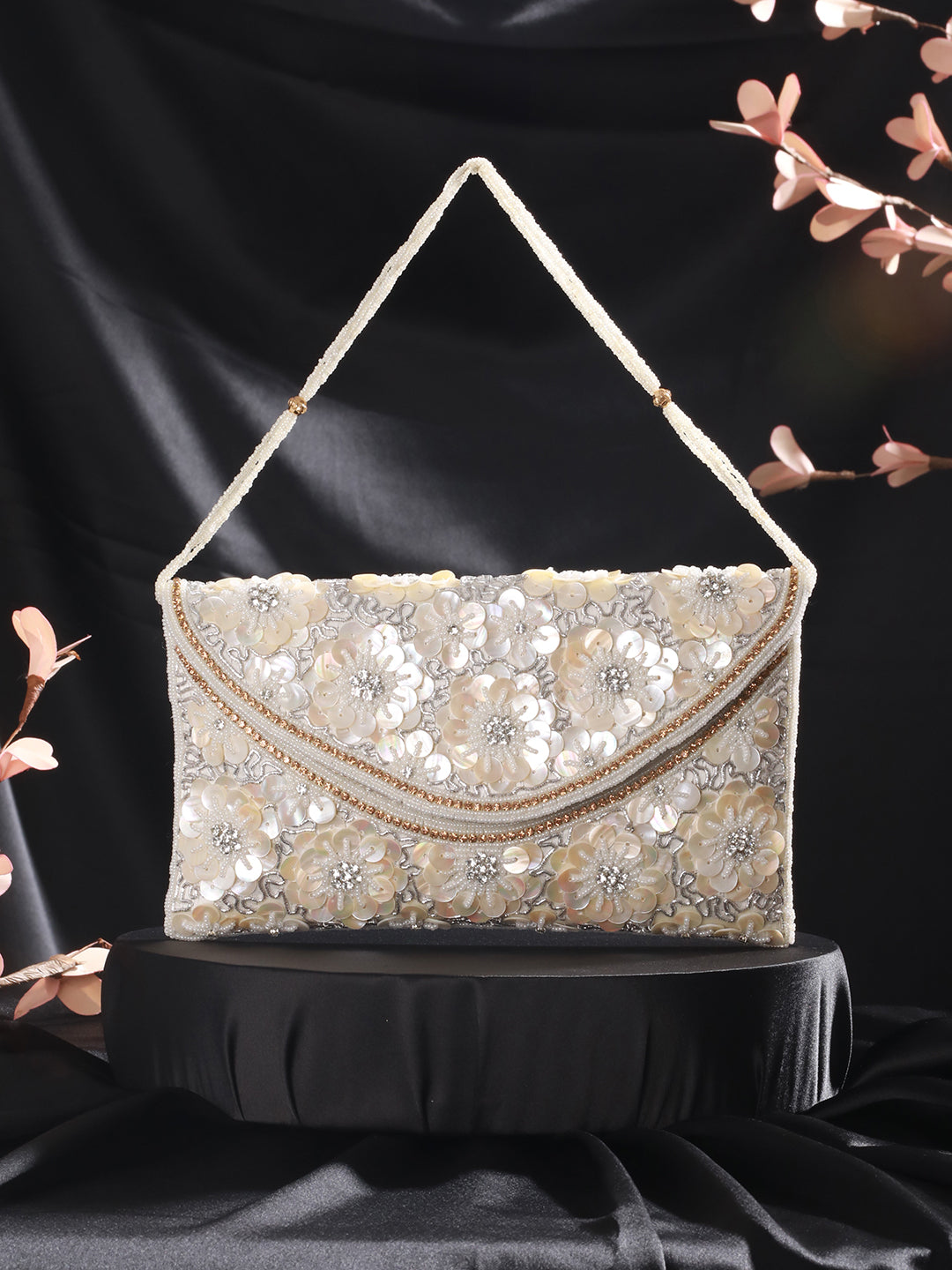 Jazz And Sizzle off White Sequin Work Beaded Clutch Bag