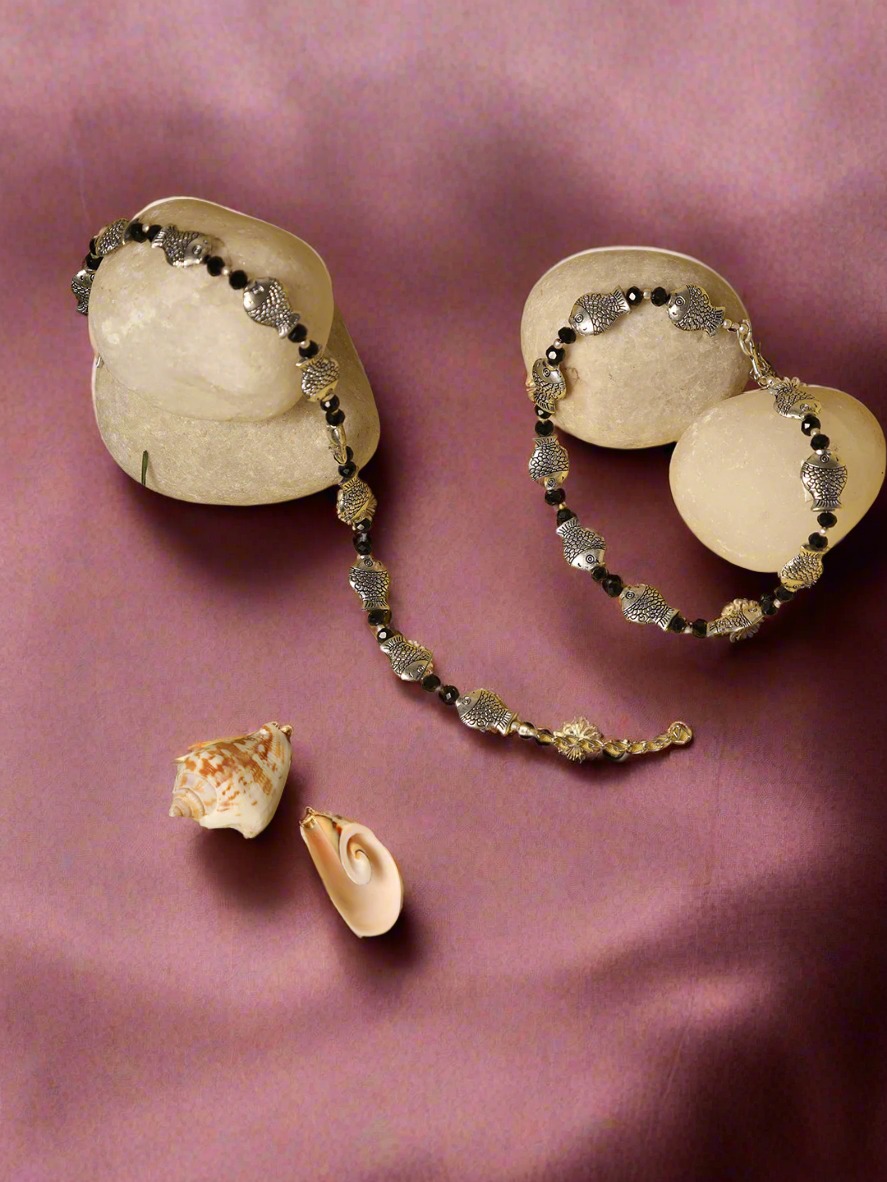 Silver-Plated & Black Beaded Handcrafted Fish Anklet