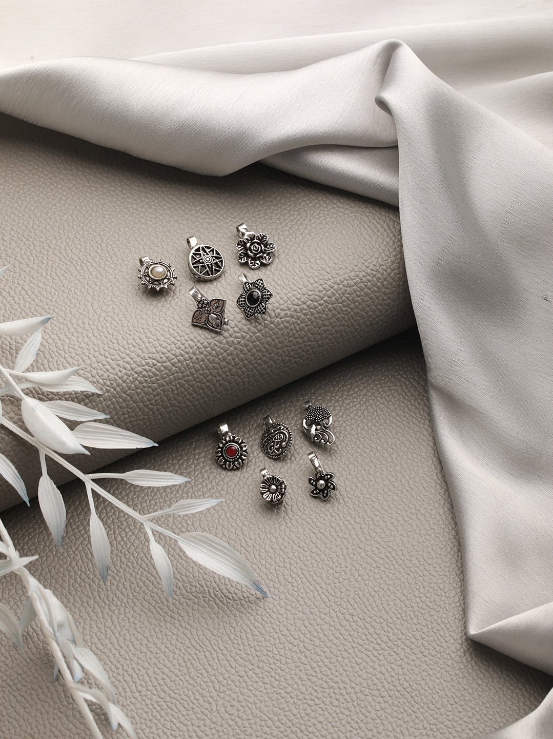 Set of 10 Silver-Plated Oxidised Stone Studded Nose Pins - Jazzandsizzle