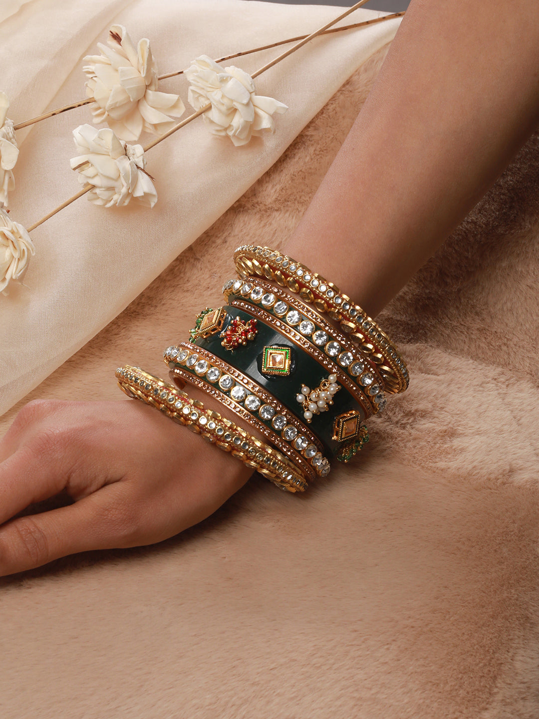 Set of 18 Gold-Plated Stone-Studded & Beaded Green Chuda Bangles - Jazzandsizzle