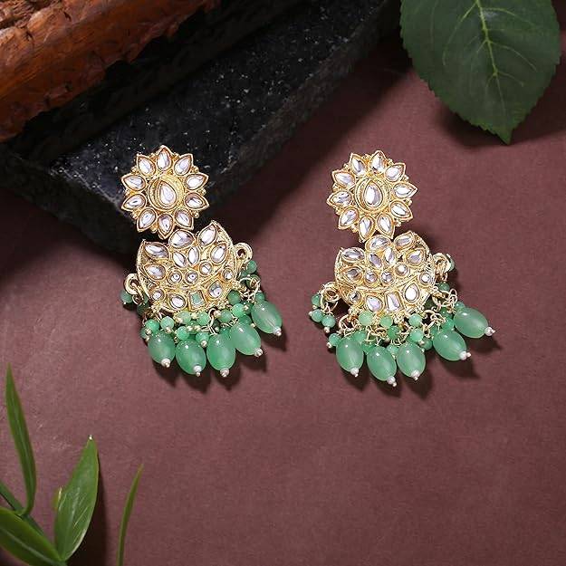 Gold Plated Kundan Studded & Mint Green Beads Drop Earrings