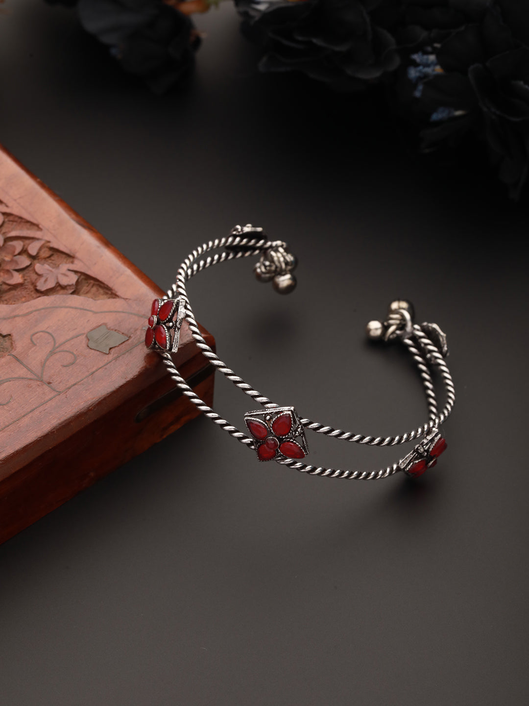 Silver Plated Red Stone Studded Oxidised Handcrafted Cuff Style Bracelet - Jazzandsizzle